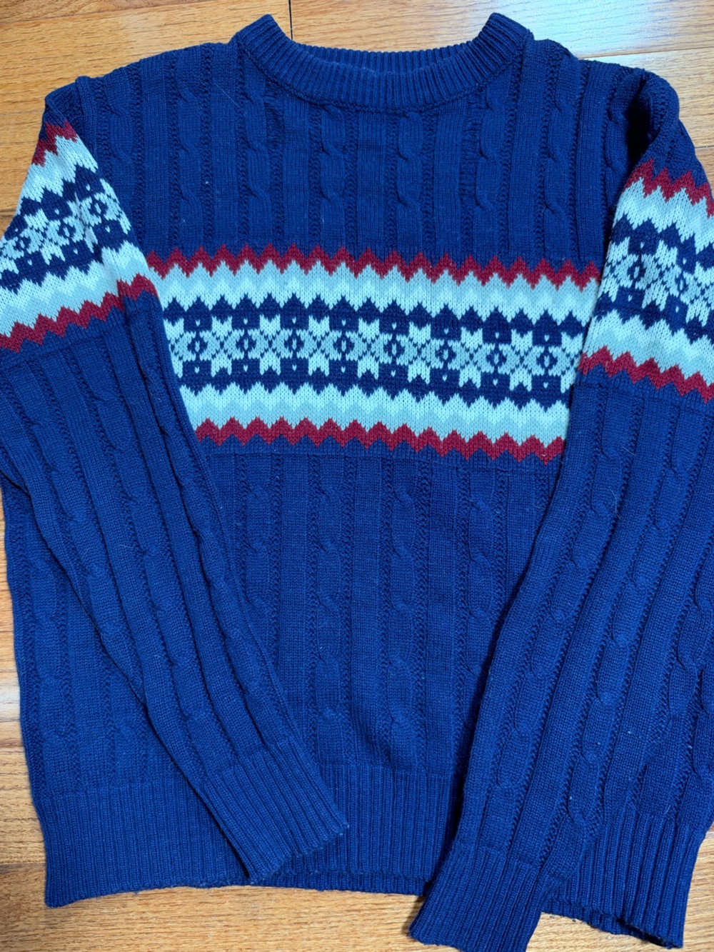 Vintage Grandpa Snowdrift Blue Fair Isle Cable Knit Men’s Sweater